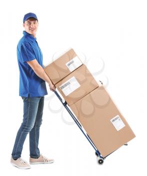Delivery man with boxes on white background�