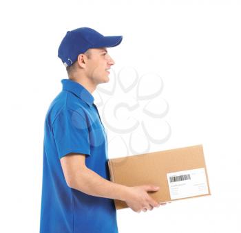 Delivery man with box on white background�