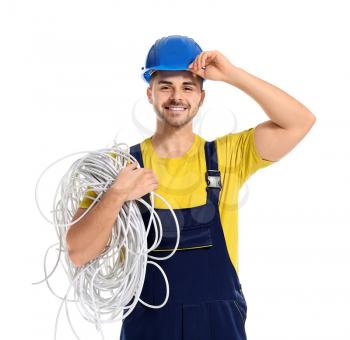 Male electrician on white background�