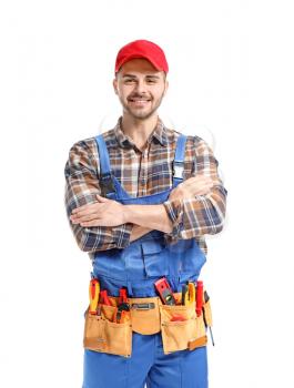 Male electrician on white background�
