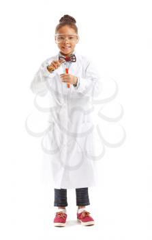 Little African-American scientist on white background�