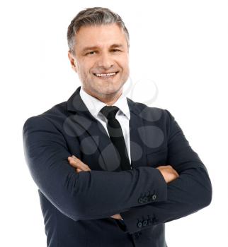 Portrait of handsome mature businessman on white background�