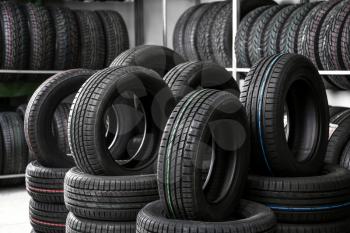 Car tires in automobile store�