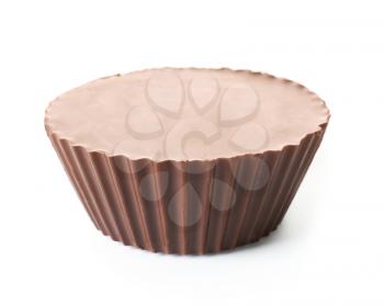 Tasty chocolate peanut butter cup on white background�