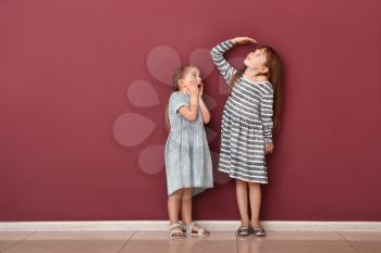 Little girls measuring height near wall�