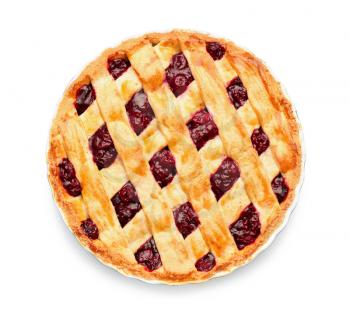 Tasty cherry pie on white background�