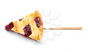 Piece of tasty cherry pie on white background�