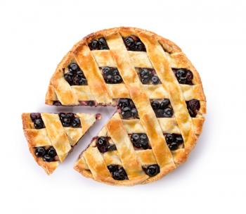 Tasty blueberry pie on white background�
