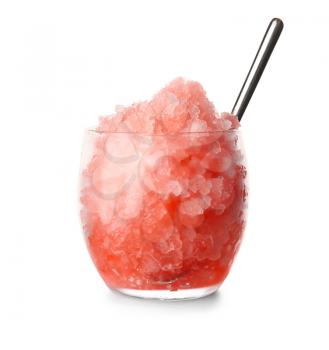 Glass with tasty shaved ice on white background�