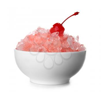 Bowl with tasty shaved ice on white background�