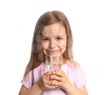 Cute little girl drinking water on white background�