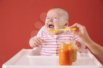 Crying little baby eating food on color background�