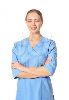 Young medical assistant on white background�