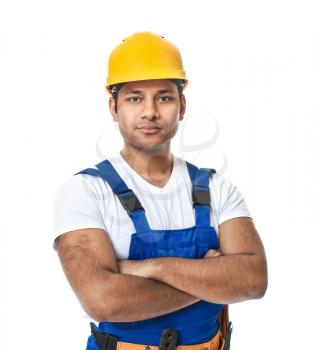 Handsome worker in hardhat on white background�