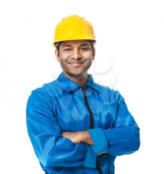 Handsome worker in hardhat on white background�