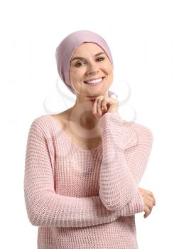 Woman after chemotherapy on white background�