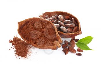 Cocoa pods with beans and powder on white background�