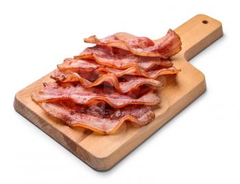 Board with fried bacon on white background�