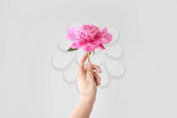 Female hand with beautiful peony on light background�