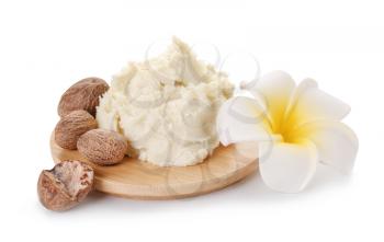 Board with shea butter on white background�