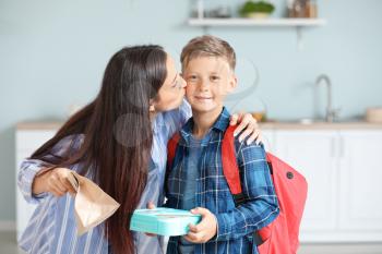 Mother and her little son with with school lunch in morning at home�