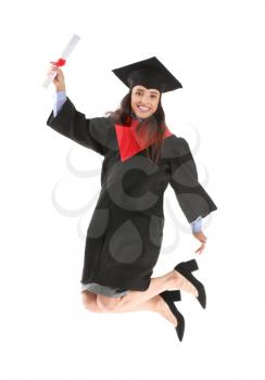 Jumping female graduate with diploma on white background�