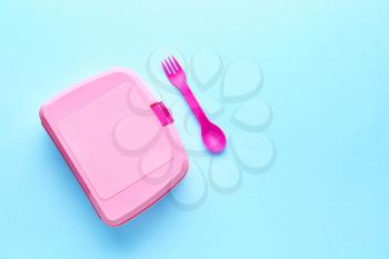 Plastic lunch box on color background�