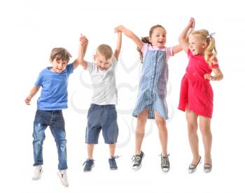 Group of jumping little children on white background�