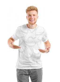 Man in stylish t-shirt on white background�