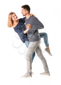 Portrait of dancing couple in love on white background�