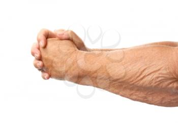 Hands of elderly woman on white background�