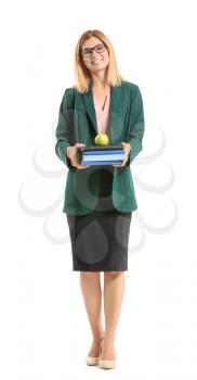 Beautiful female teacher with books and apple on white background�
