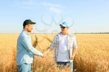 Male farmers shaking hands in wheat field�