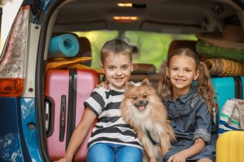 Children and cute dog sitting in trunk of car with luggage�