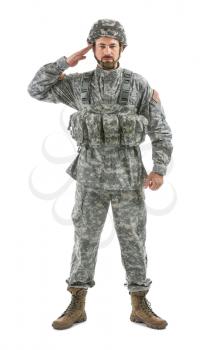 Saluting soldier on white background�