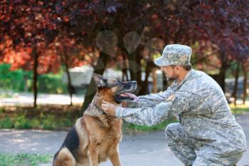 Soldier with military working dog outdoors�