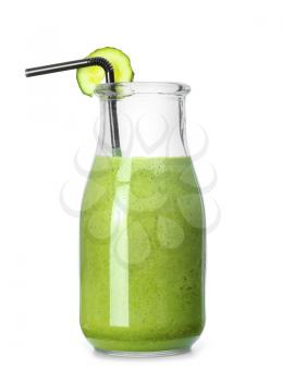 Bottle of healthy smoothie on white background�