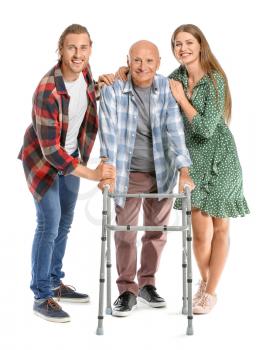 Elderly man with relatives on white background�