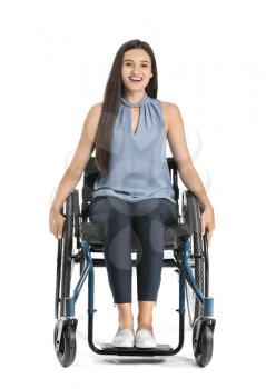 Beautiful businesswoman in wheelchair on white background�