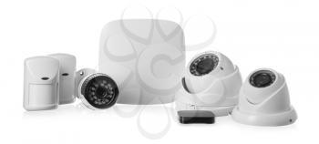 Different equipment of security system on white background�