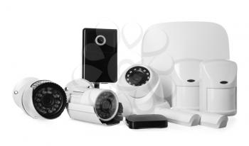 Different equipment of security system on white background�