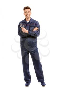 Male car mechanic on white background�