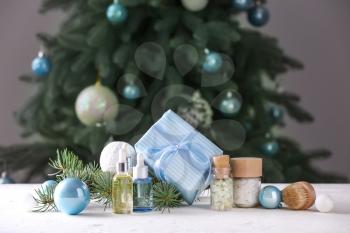 Christmas decor and products for spa treatment on table�