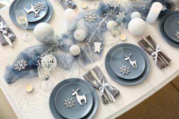 Beautiful table setting for Christmas dinner, top view�