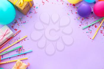 Composition with balloons, gifts and place for text on color background�