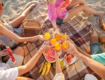 Friends having picnic on sea beach�