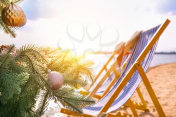 Christmas tree with sun loungers on sea beach�