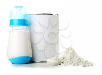 Bottle of milk and jar with baby formula on white background�
