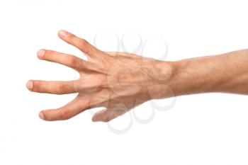 Male hand grabbing something on white background�