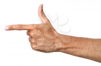 Male hand pointing at something on white background�